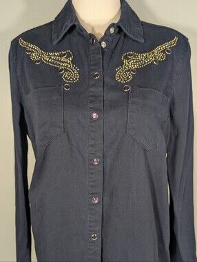 Embellished Velvet Heart Navy Western Button-Up Shirt, Sz.L